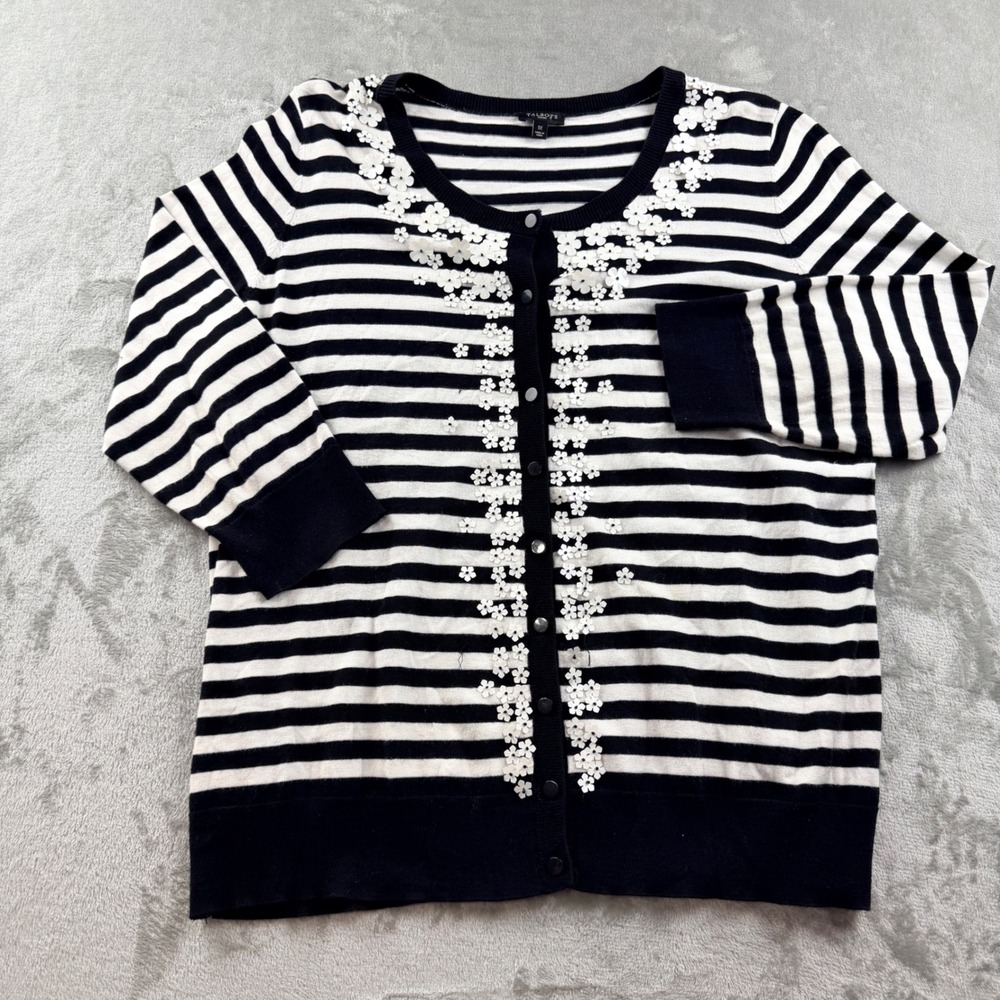 Talbots Women's 1X Cardigan Sweater Navy Blue White Striped Floral Applique